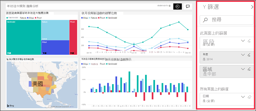 Power BI 服務中開啟報表的螢幕擷取畫面，其中已展開 [篩選] 窗格。