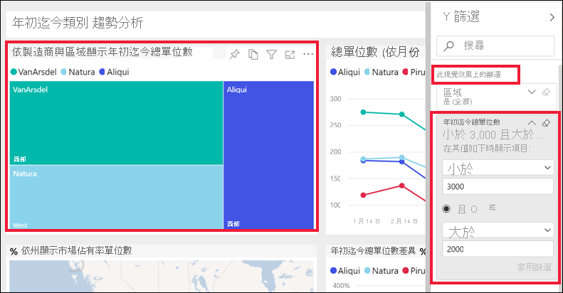 報表及其篩選條件的螢幕擷取畫面，當中顯示已選取的樹狀圖視覺效果。