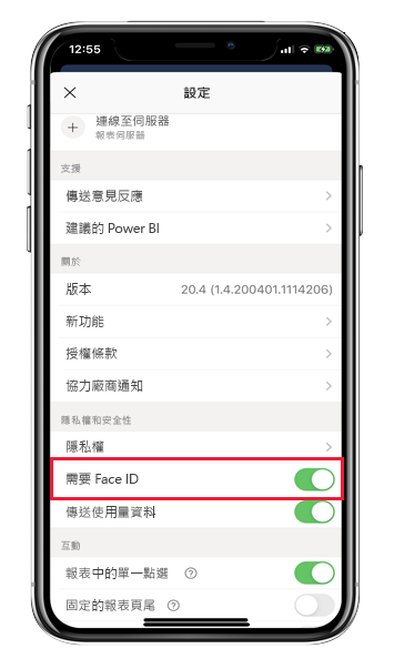 Power BI iOS 應用程式設定頁面