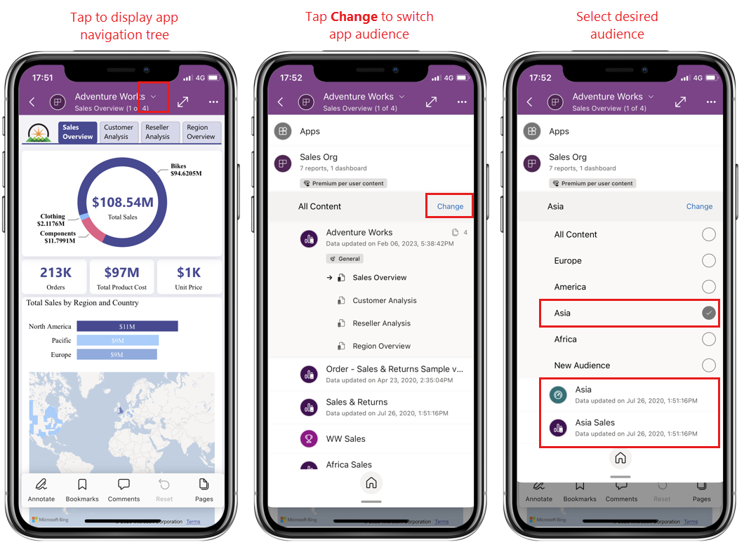 Power BI 行動應用程式上切換應用程式對象的圖例。