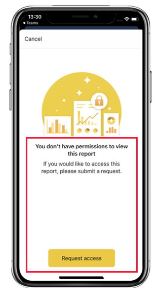 Power BI 行動裝置應用程式 request-access-dialog 的螢幕擷取畫面。