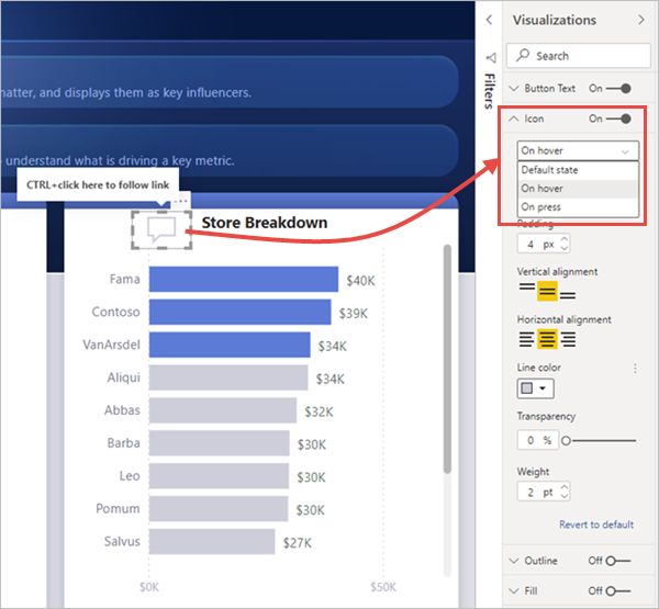 螢幕擷取畫面，顯示 Power BI 報表中按鈕「暫留時」狀態。