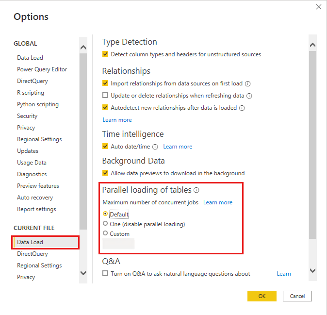 此螢幕擷取畫面顯示變更 Power BI Desktop 中載入平行處理設定的並行作業資料數目上限。