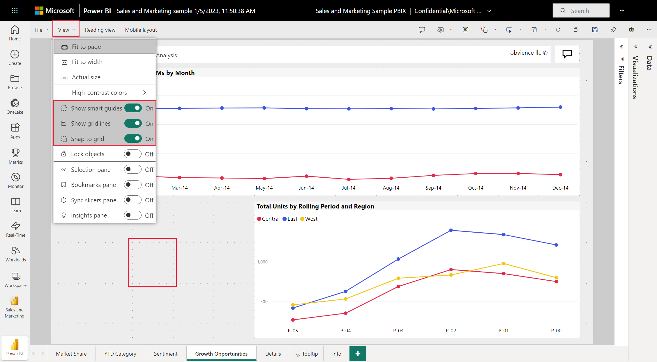 報表畫布的螢幕擷取畫面，其中顯示如何在 Power BI Desktop 報表中啟用格線和貼齊格線。