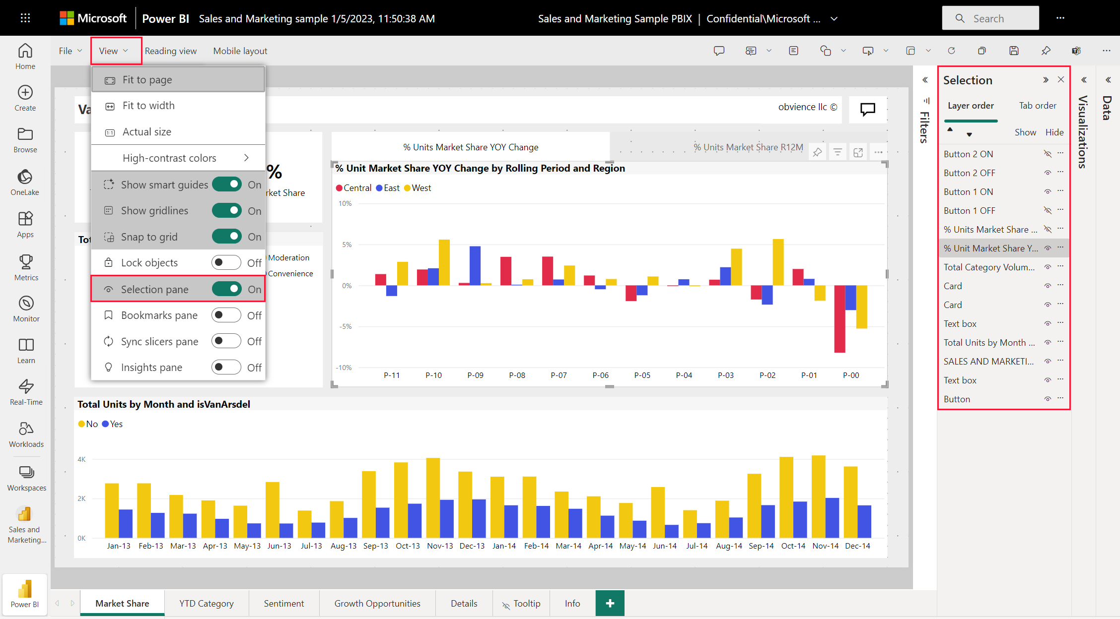 此螢幕擷取畫面顯示 Power BI 服務畫布的 [選取項目窗格]，其中設定視覺效果的前到後順序。