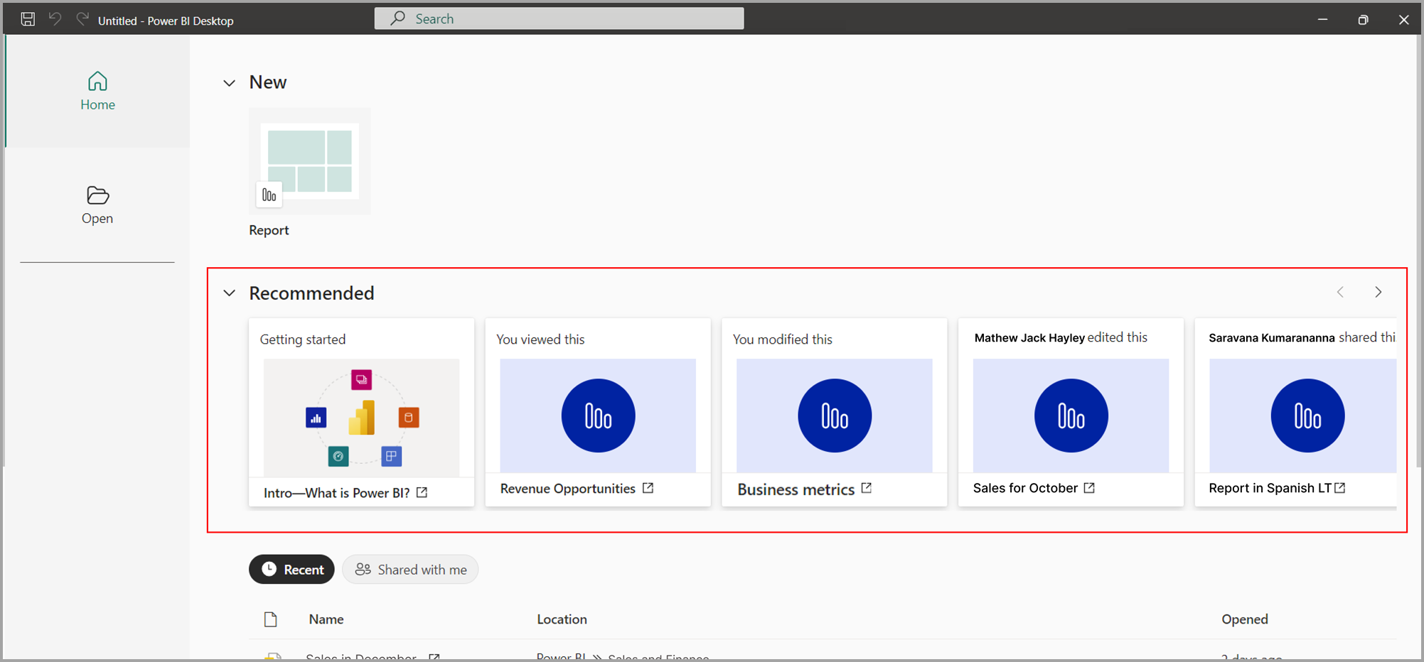 Power BI Desktop 首頁中建議報表的螢幕擷取畫面。