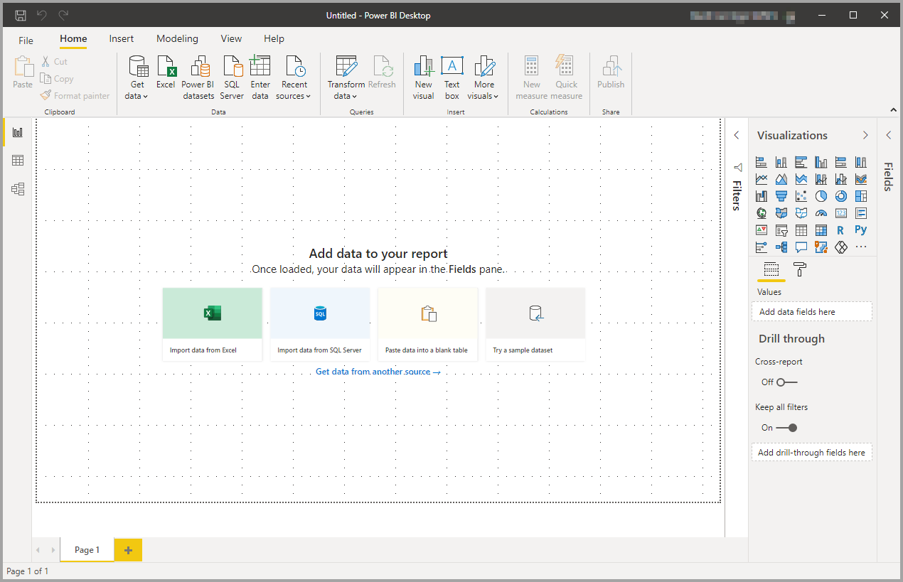 螢幕擷取畫面顯示 Power BI Desktop 的 [報表] 檢視和空白畫布。