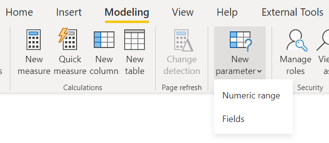 模型化功能區的螢幕快照，其中顯示 [新增參數] 下拉式清單底下的選項。