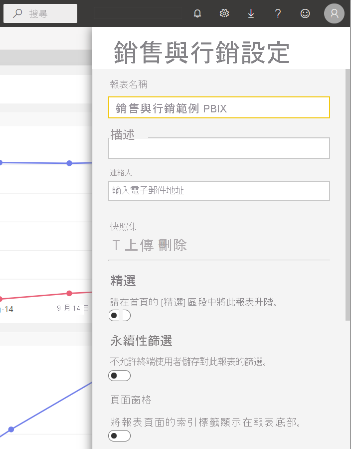 Power BI 服務中報表 [設定] 窗格的螢幕擷取畫面。