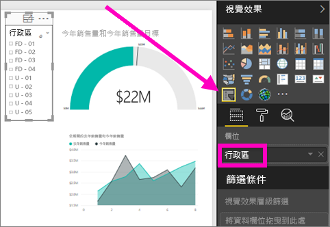 交叉分析篩選器的螢幕擷取畫面，其中醒目提示 [視覺效果] 窗格中的 [區域]。