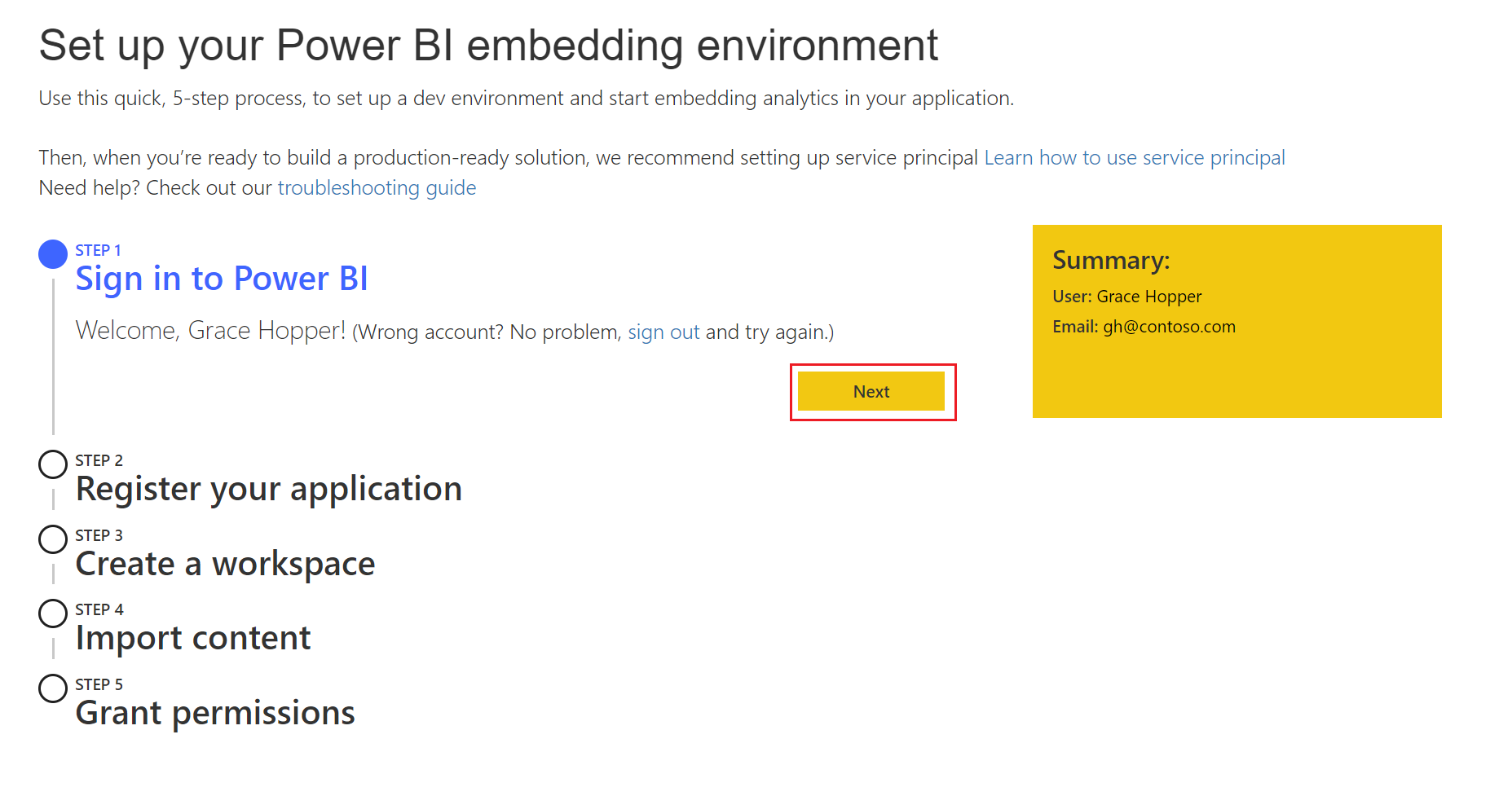 在使用者登入 Power BI 後，Power BI 內嵌式分析設定工具的螢幕擷取畫面。已醒目提示 [下一步] 按鈕。