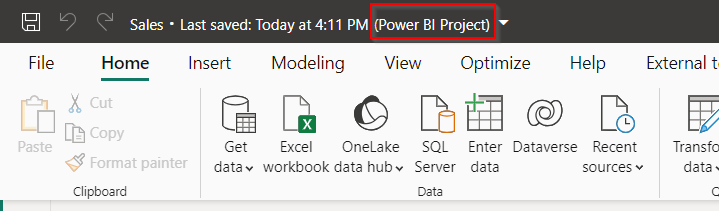 顯示儲存至專案時 Power BI Desktop 標題的螢幕擷取畫面。