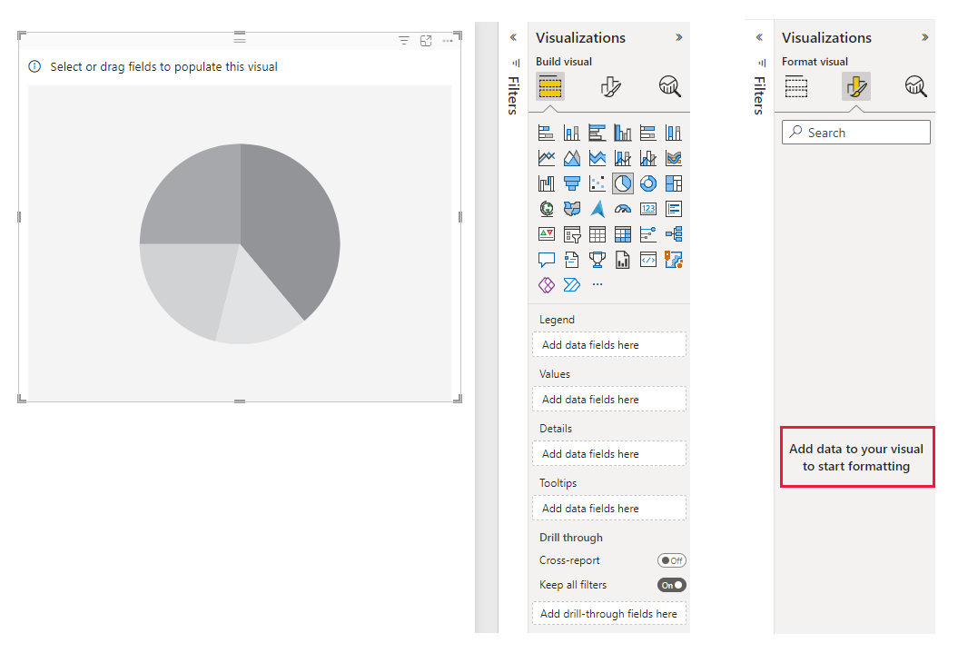 螢幕擷取畫面：Power BI 視覺效果顯示 [視覺效果] 窗格中的空白資料和非使用中視覺效果設定。