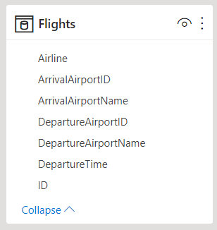 顯示一個名為 Flights 資料表的螢幕擷取畫面。來自 Airports 資料表的資料行會新增至 Flights 資料表。