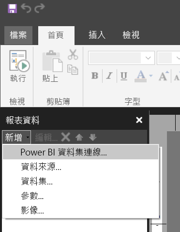 螢幕擷取畫面顯示 [報表資料] 窗格中的 [新增資料集]。
