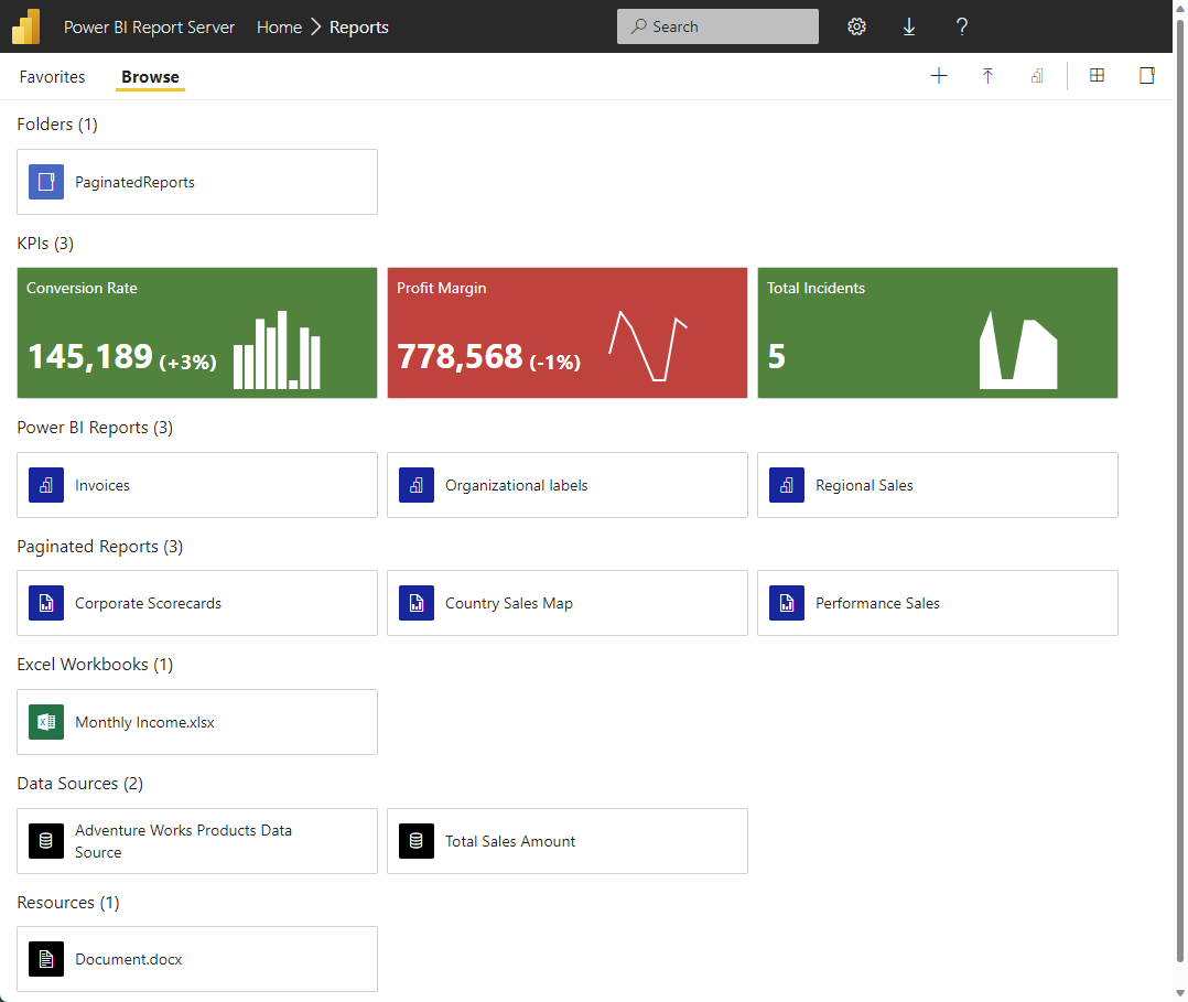 顯示已重新整理 Power BI 報表伺服器入口網站的螢幕擷取畫面。