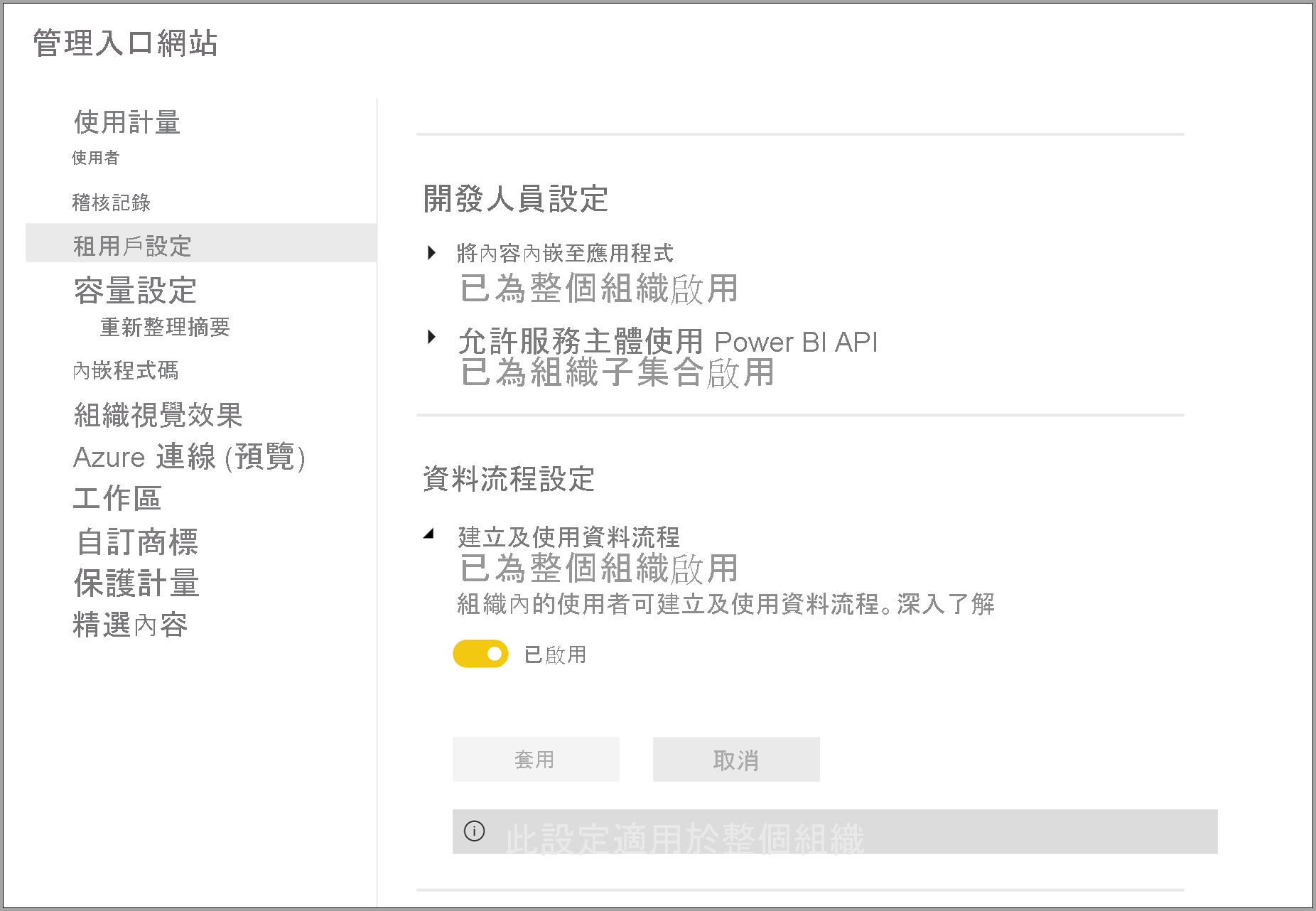 [管理入口網站] 中的 Power BI Premium 資料流程