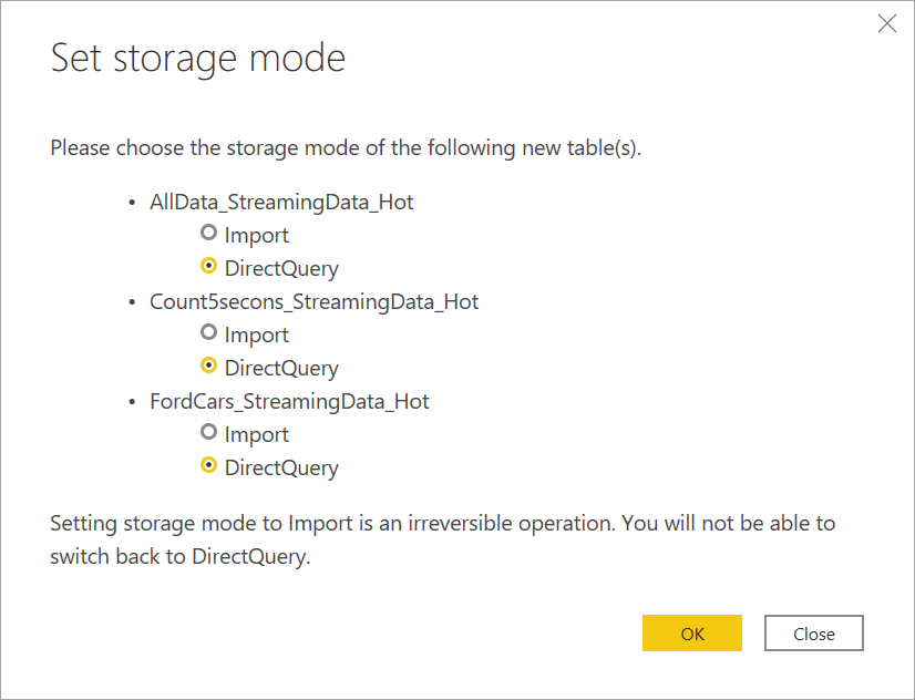 此螢幕擷取畫面顯示針對 Power BI Desktop 中串流資料流程選取儲存模式。