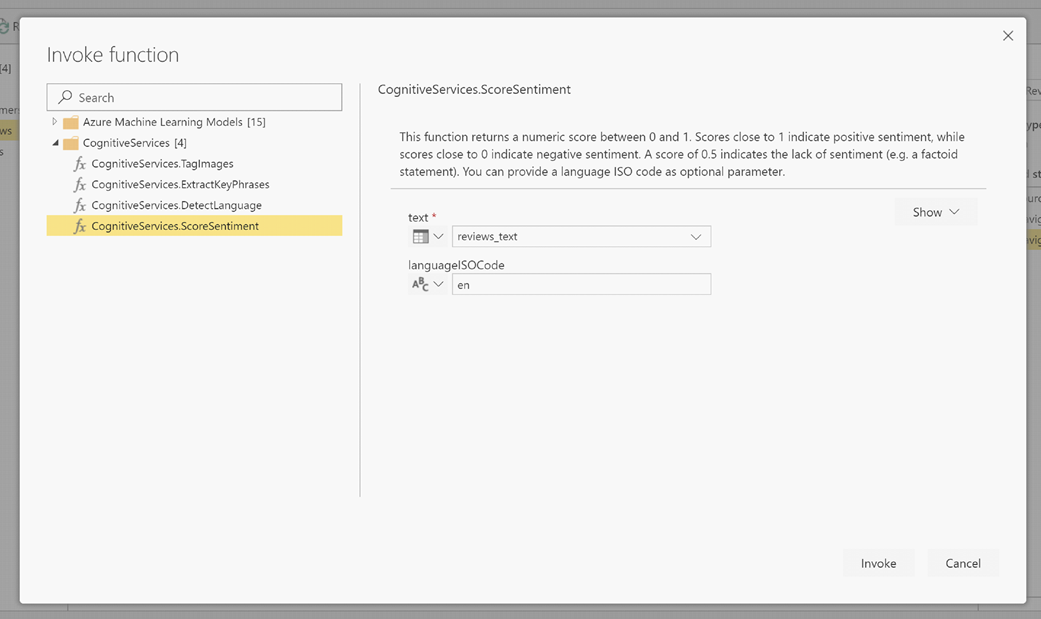 [叫用函式] 對話方塊的螢幕擷取畫面，其中顯示已選取 [CognitiveServices.ScoreSentiment] 並將 [LanguageIsoCode] 設定為 en。