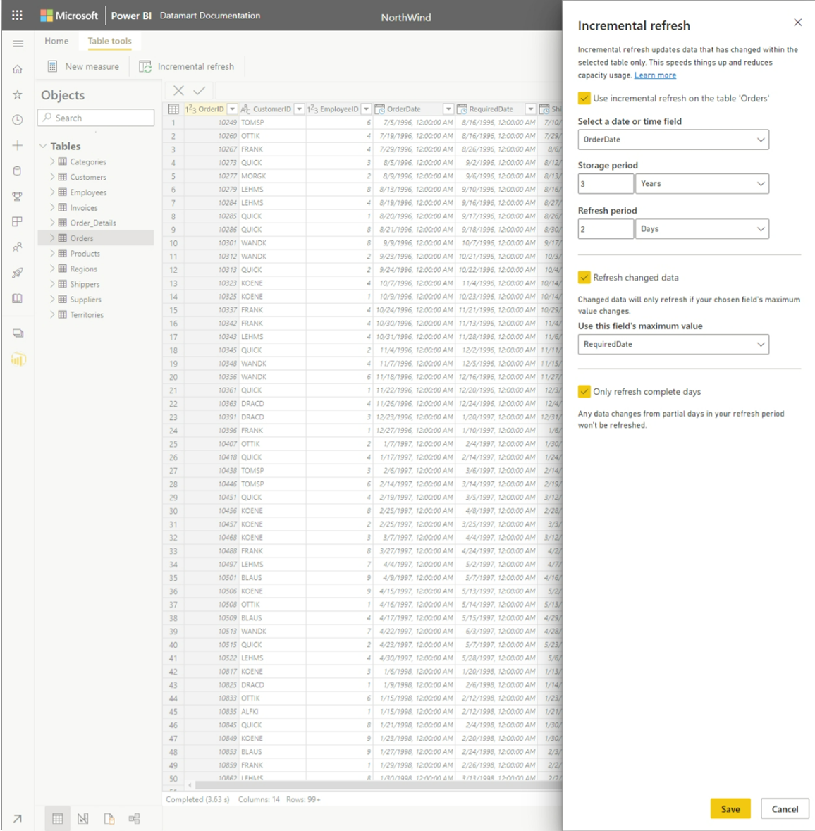 Screenshot of configure incremental refresh for a table in a datamart.