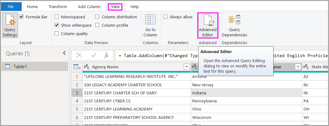 Power Query 編輯器的螢幕擷取畫面，其中醒目提示 [檢視] 索引標籤上的 [進階編輯器] 按鈕。