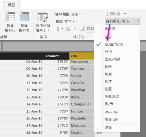 Power BI Desktop 中資料圖示的螢幕擷取畫面，其中已醒目提示 [城市] 資料行。