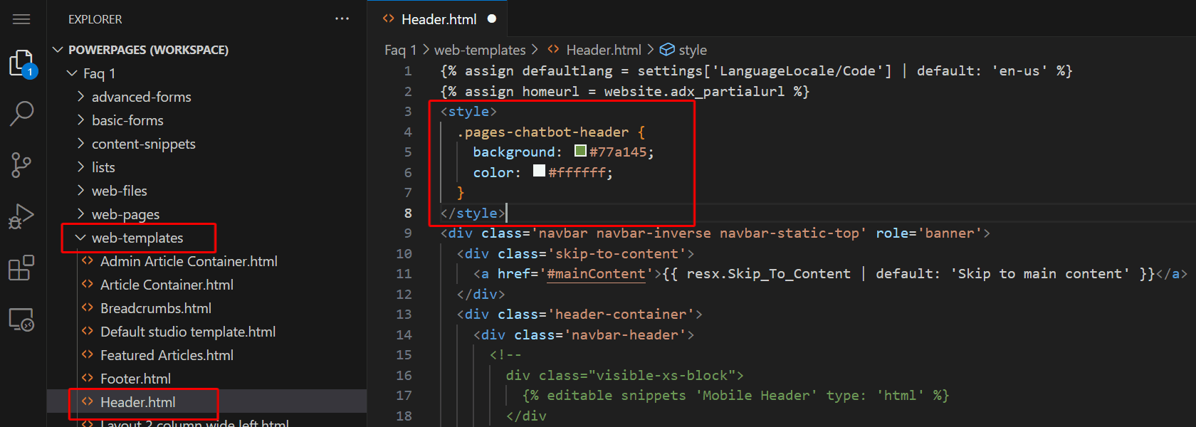 Visual Studio 的螢幕擷取畫面，突顯了 Web 範本資料夾、Header.html檔案和帶有 CSS 選擇器的樣式元素。