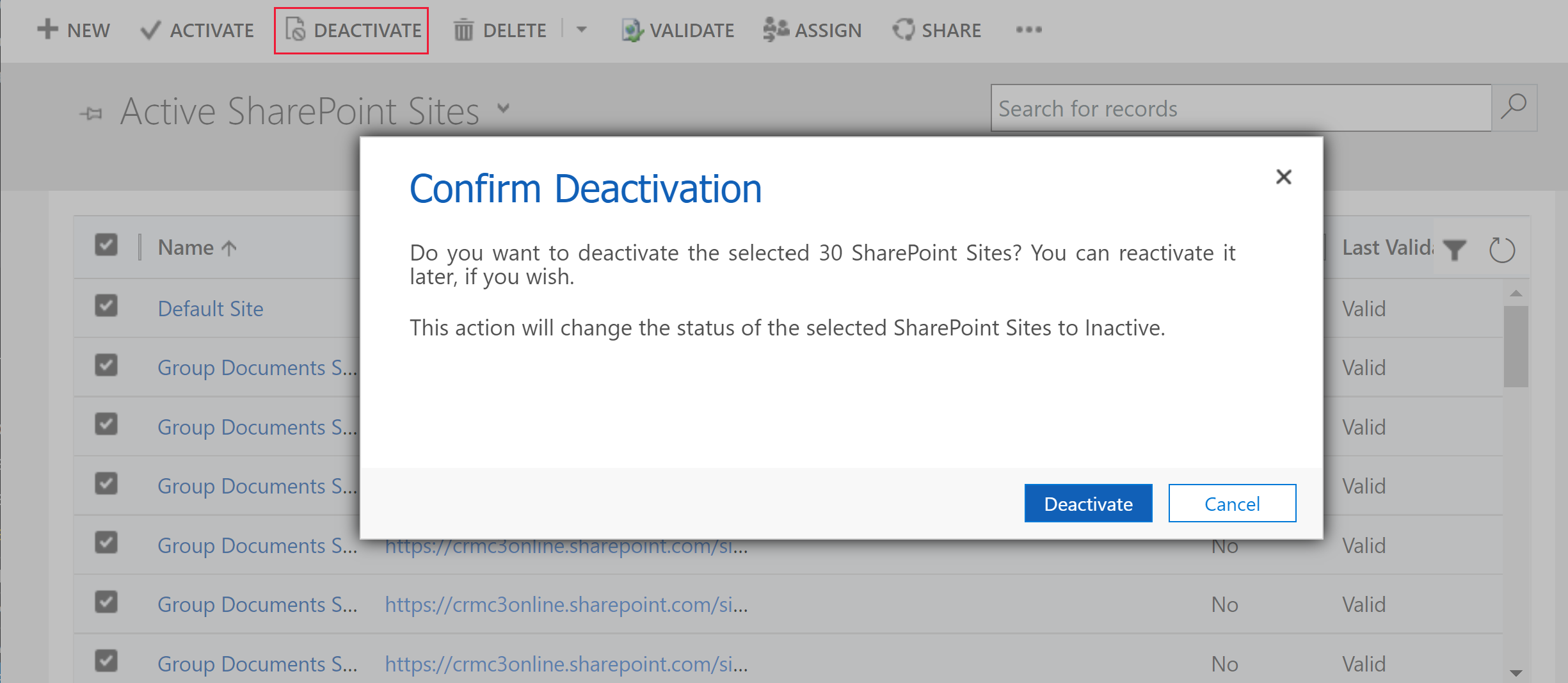 停用所有 SharePoint 網站