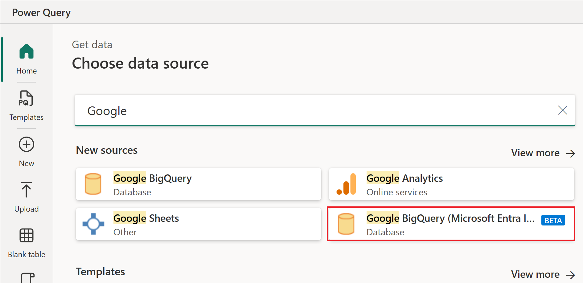 [選擇數據源] 對話框的螢幕快照，其中強調Google BigQuery （Microsoft Entra ID） 連接器。