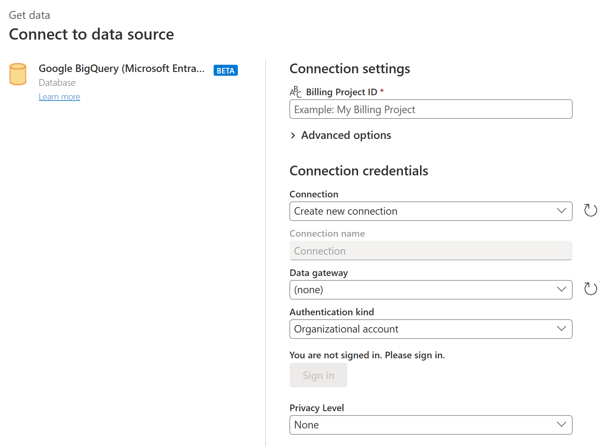 連線 數據源對話框的螢幕快照，您可以在其中輸入 Google BigQuery （Microsoft Entra ID） 連線設定和認證。