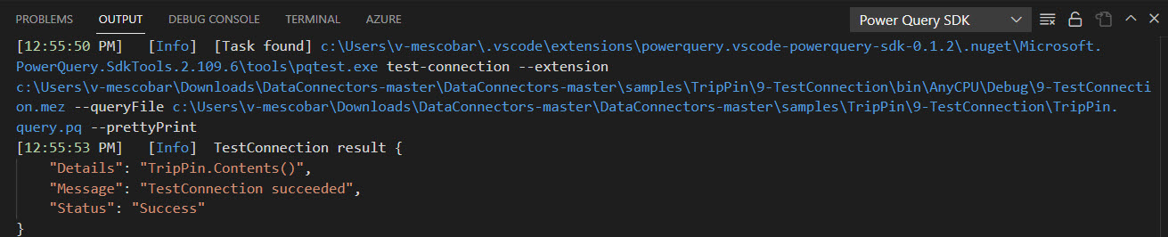 Power Query SDK 中執行 TestConnection 函式的結果。