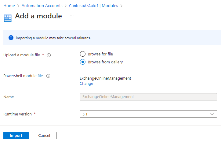 在 Azure 入口網站中將模組新增至自動化帳戶的螢幕快照。