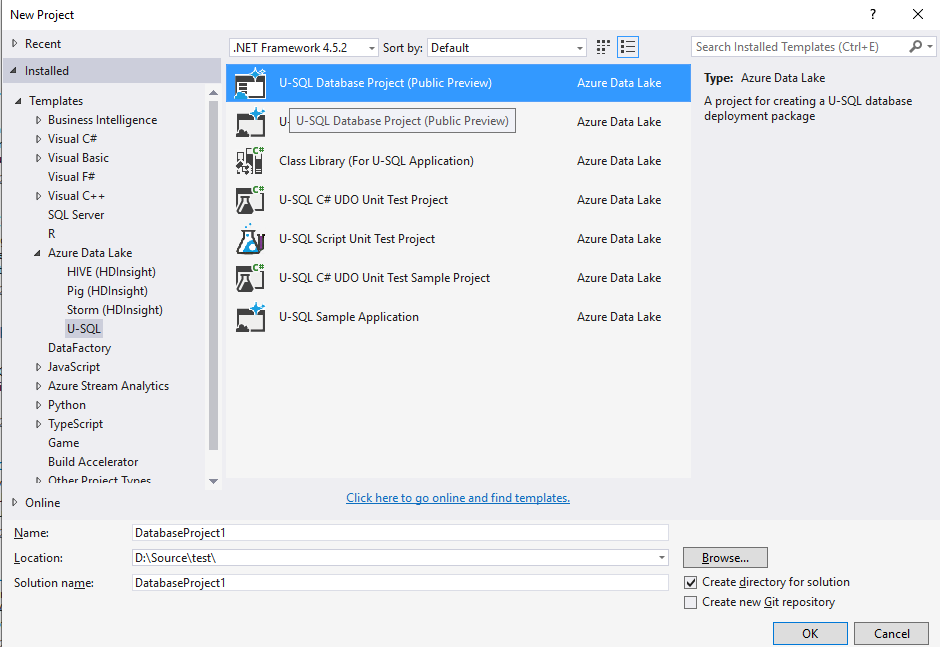 Data Lake Tools for Visual Studio--建立 U-SQL 資料庫專案