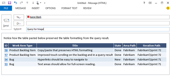 Work item query results pasted directly into a new email