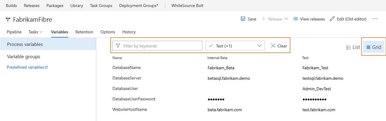 Grid view release variables