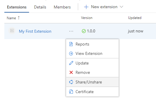 Select extension and choose Share.