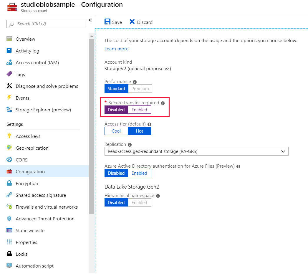 停用 Azure 入口網站 中所需的安全傳輸