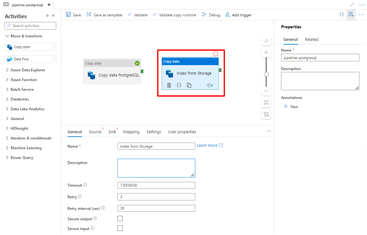 顯示如何在 Azure Data Factory 中拖放以設定複製活動的螢幕擷取畫面。