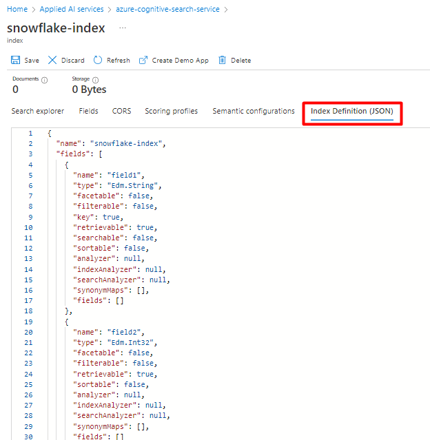 此螢幕擷取畫面顯示如何複製現有 Snowflake 索引的現有 Azure 認知搜尋索引 JSON 組態。