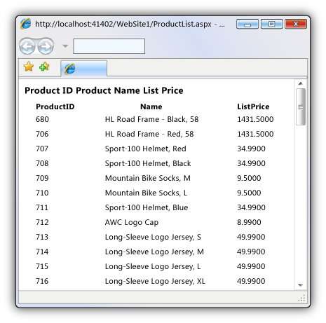 Screen shot showing the ProductList.aspx page
