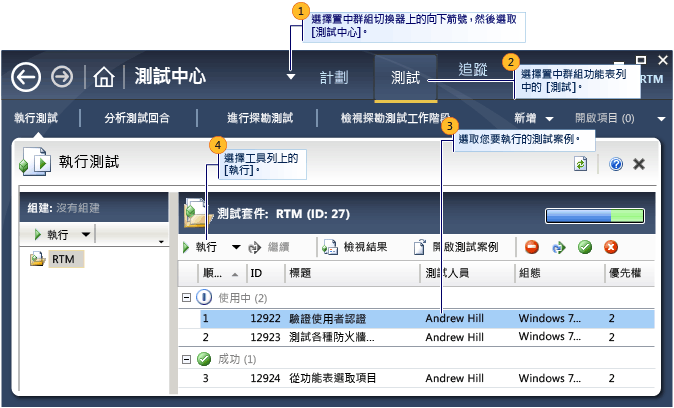 選取要在 Microsoft Test Manager 中執行的測試