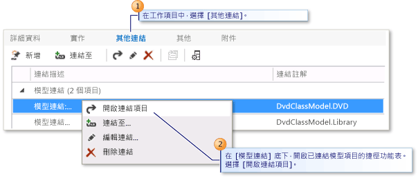 開啟從工作項目連結的模型項目