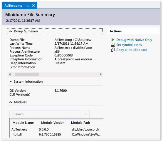 Minidump summary page