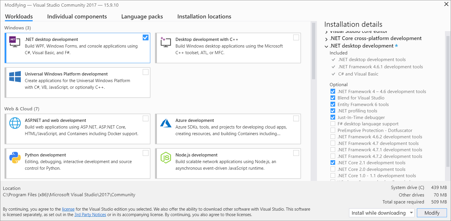 Screenshot showing the Workloads tab of the Visual Studio Installer.