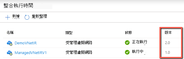 顯示如何檢查受控 VNet IR 版本的螢幕快照