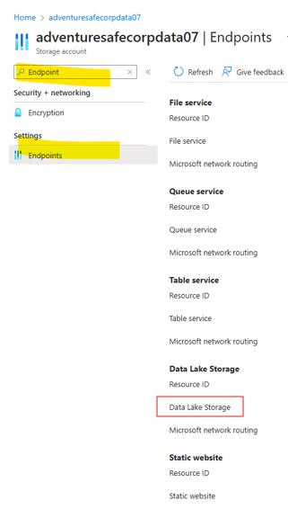 在 Azure 入口網站 中複製 Data Lake 端點的螢幕快照。