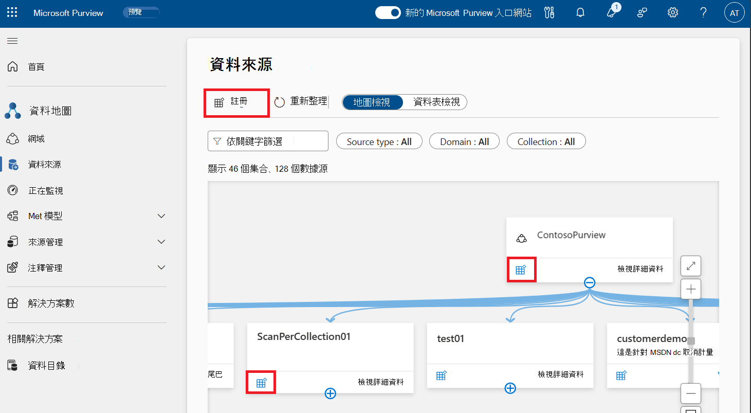 Microsoft Purview 資料對應 的螢幕快照，其中在地圖上方和兩張收集卡上醒目提示註冊按鈕。