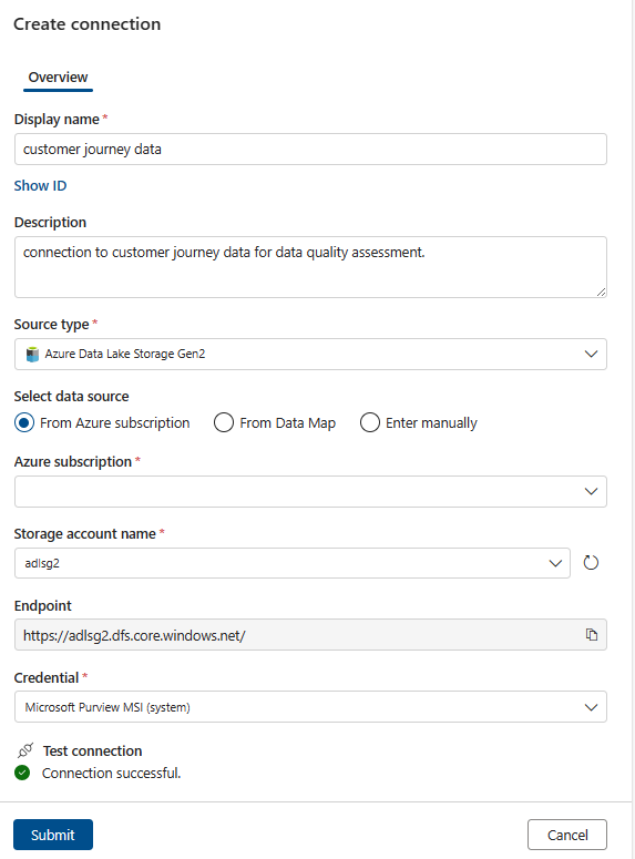 Microsoft Purview 資料品質 中 [設定連線] 頁面的螢幕快照。