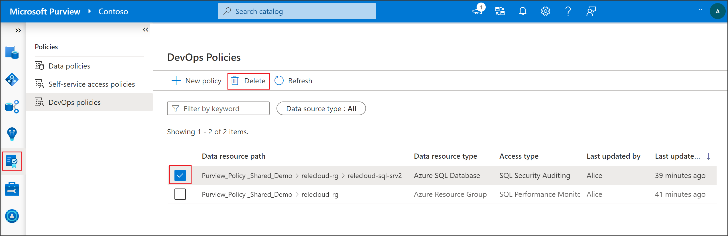 顯示刪除 SQL DevOps 原則之選取項目的螢幕快照。