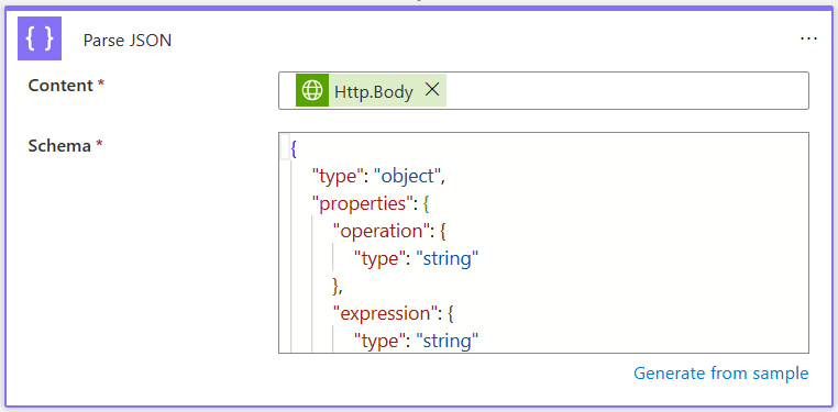 工作流程剖析 JSON 動作的螢幕快照，其中顯示其參數已填入範例數據。